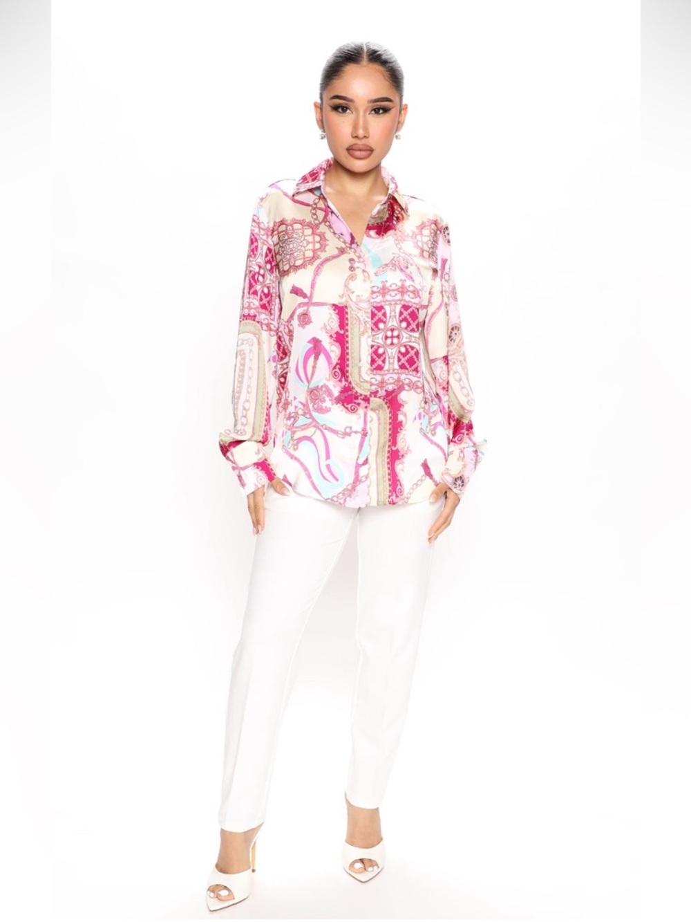 Fashion Nova Spending Spree Satin Button Down Blouse | Pink/Combo - Picture 2 of 6